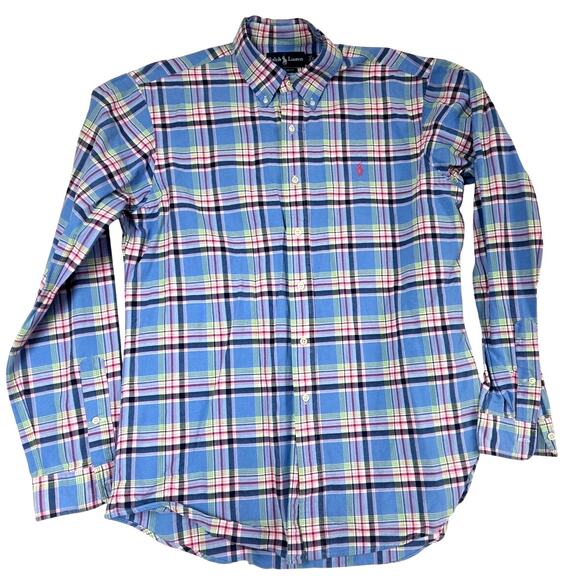 Ralph Lauren Custom Fit Blue Plaid 100% Cotton Button-Down Shirt L Preppy - Picture 1 of 6